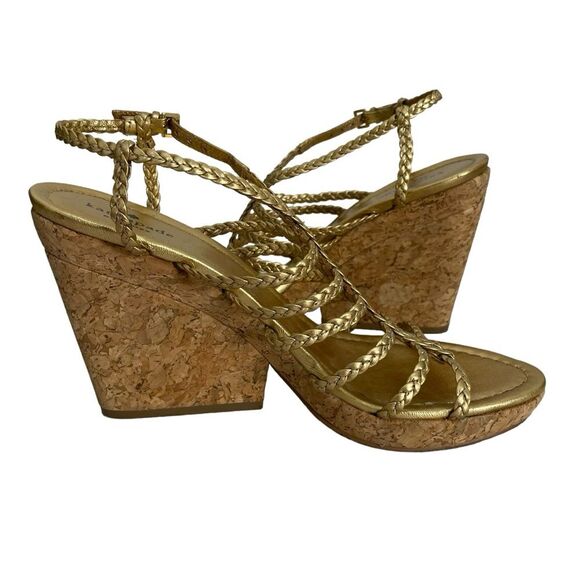 Kate Spade Felix Gold‎ Metallic Cork Leather Braided Wedge Sandals Size 8.5 - Picture 1 of 11